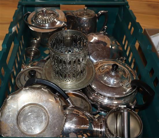 A quantity of plated ware to include a Mappin & Webb biscuit box